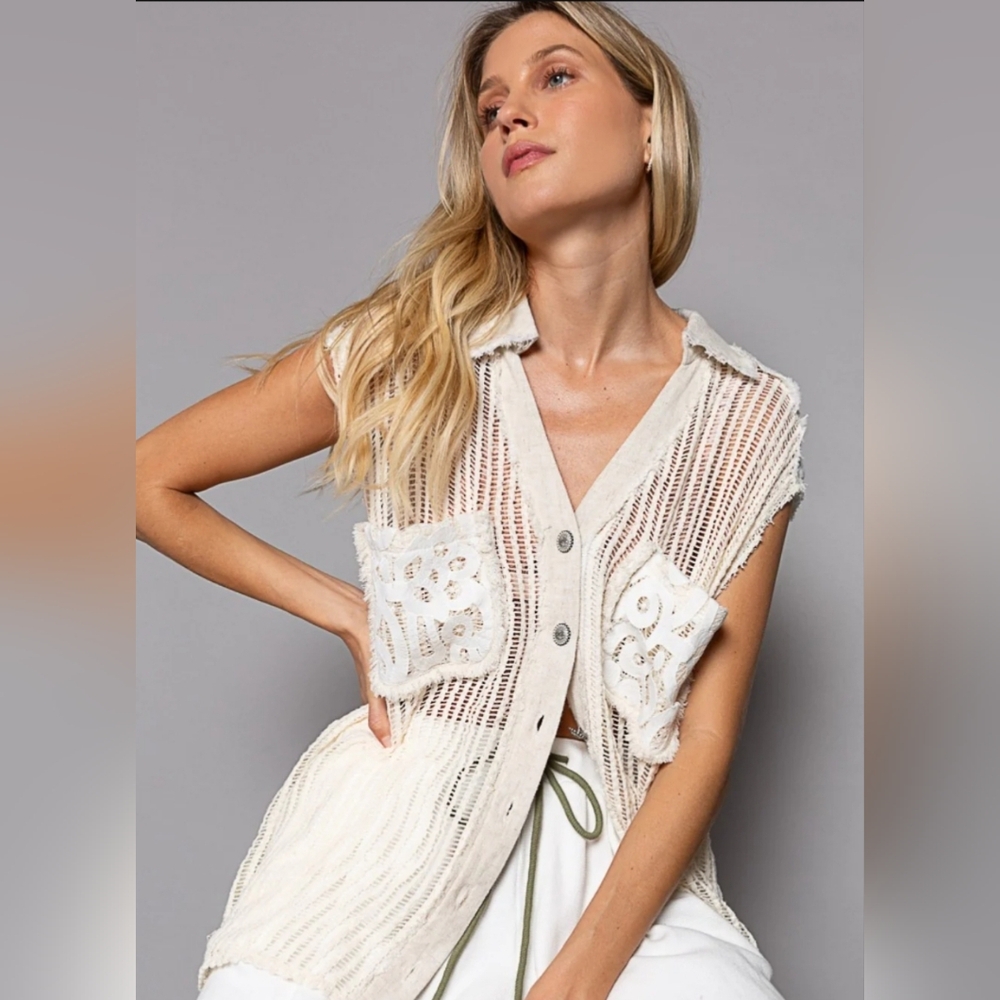 POL Cream Sleeveless Crochet Top